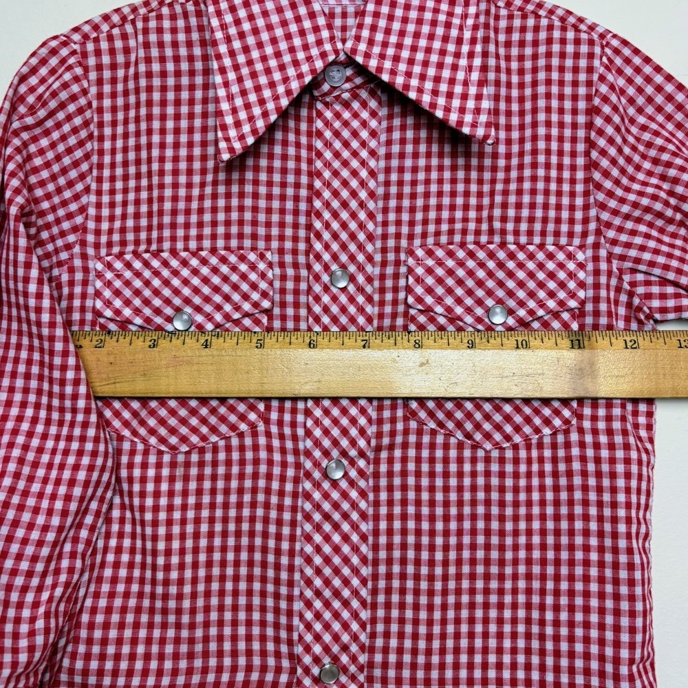 Vintage 70s Gingham Western Pearl Snap Boys Plaid Button Down Shirt Size 4 - Picture 5 of 7